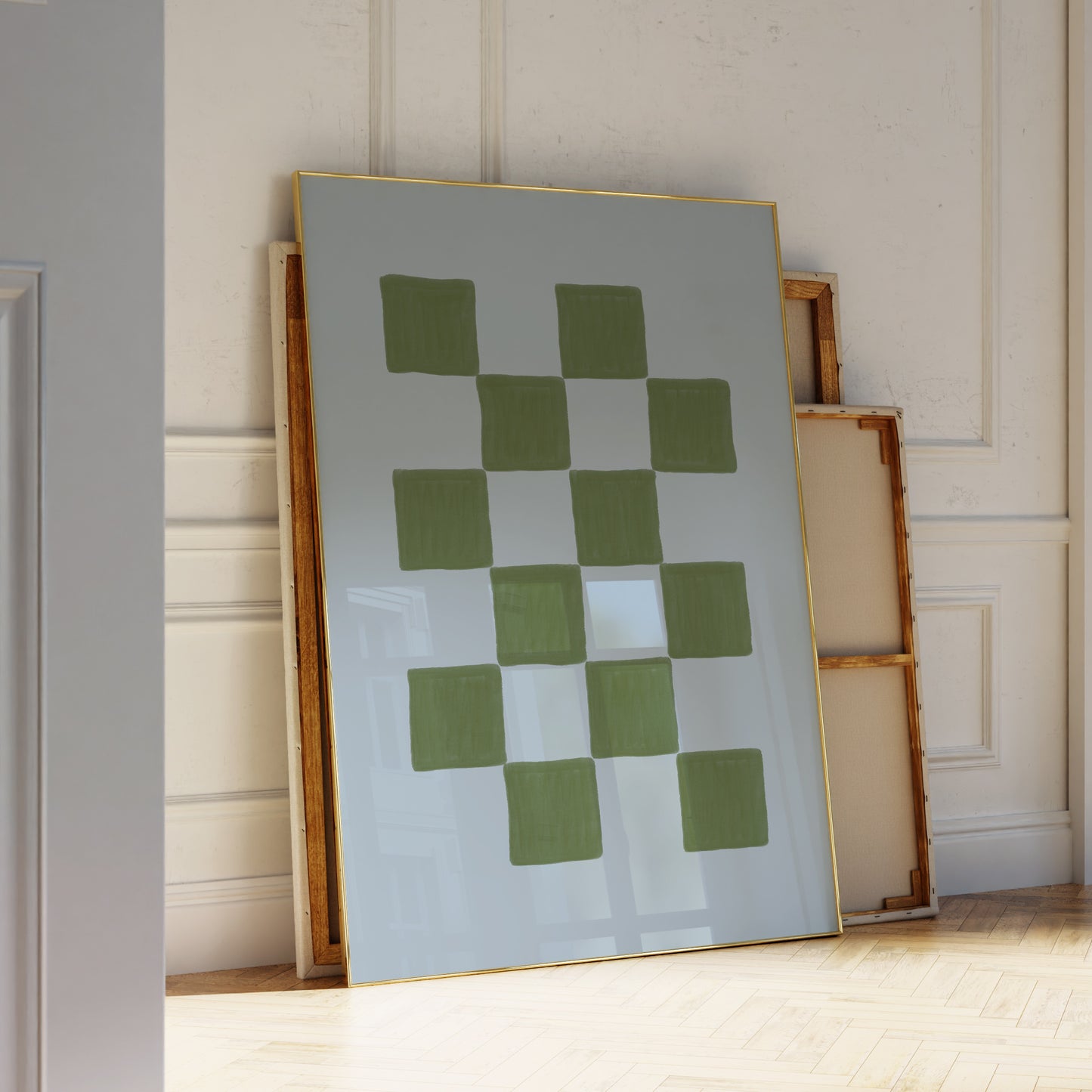 Sky Blue Green Handdrawn Checkered Art Print