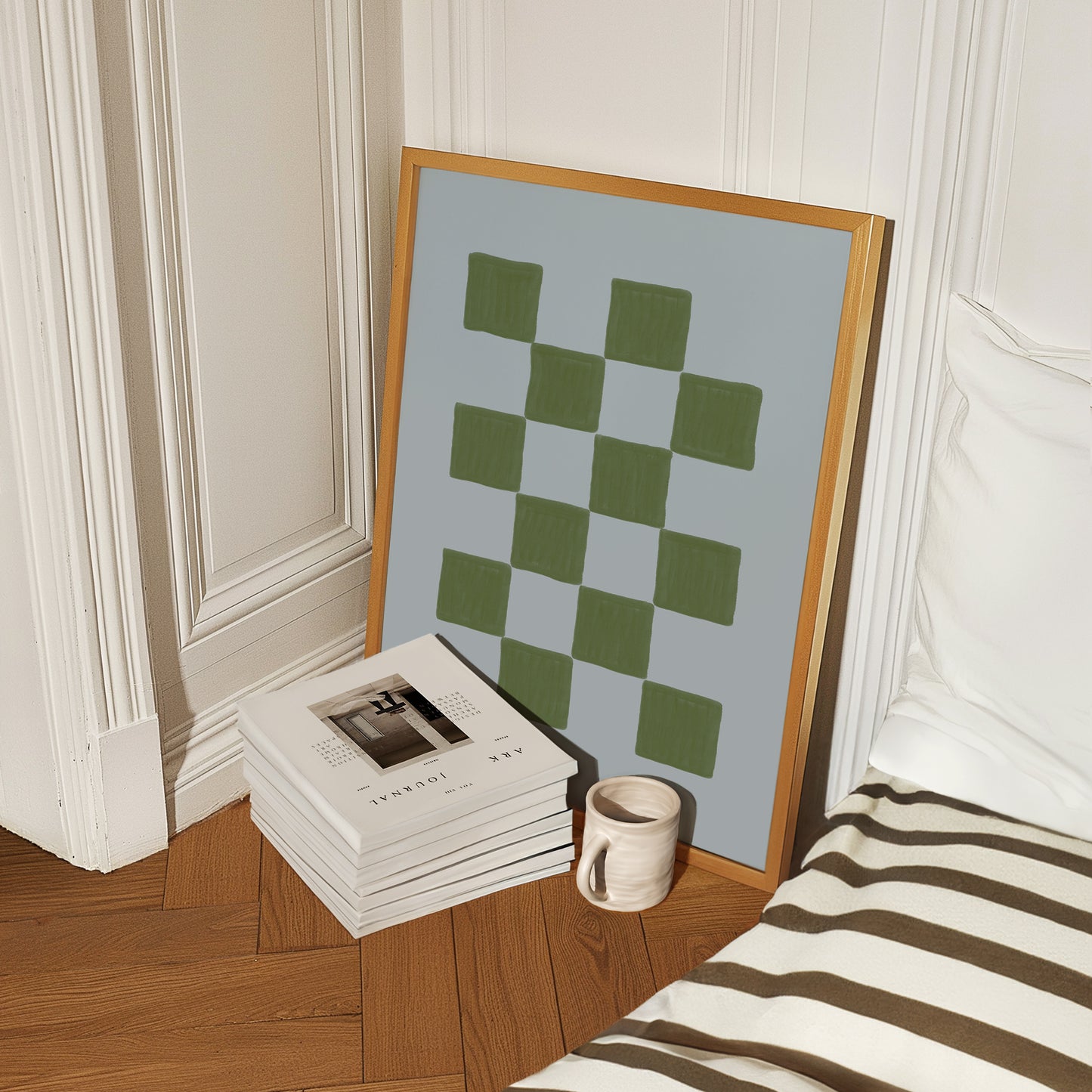 Sky Blue Green Handdrawn Checkered Art Print